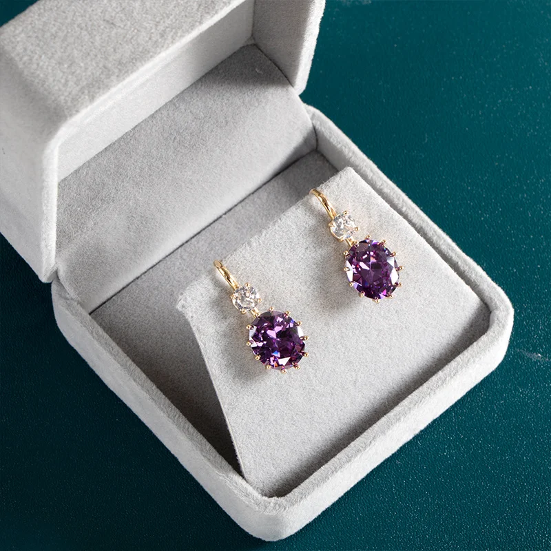 JoiasHome Yellow Gold Color Drop Earrings For Women Silver 925 Jewelry With Purple Zircon Amethyst Female Party Ear Accessories