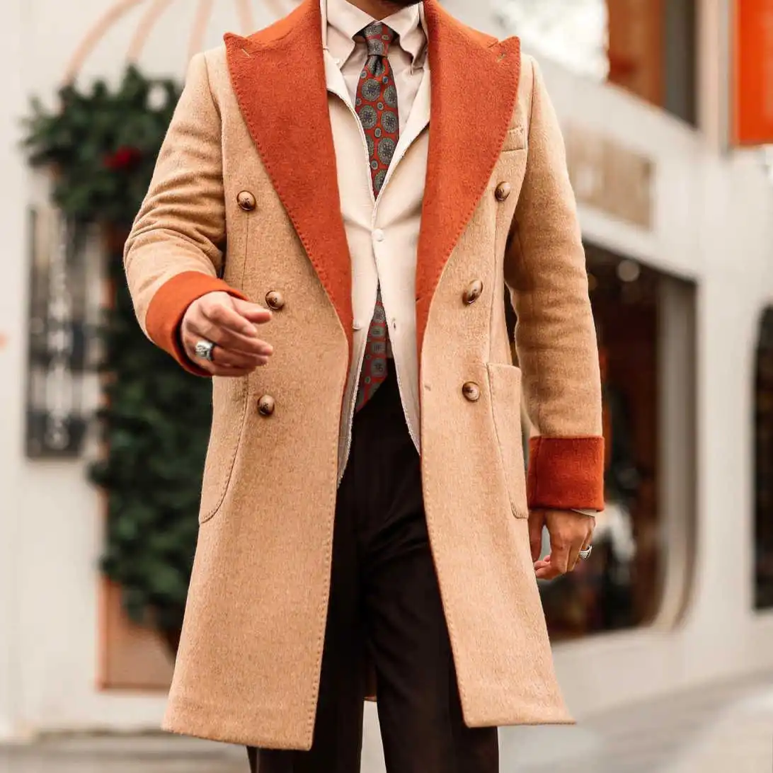 Modern Men Long Overcot Double Breasted Peaked Lapel Jacket Blazers Wool Blends Winter Customized One Piece