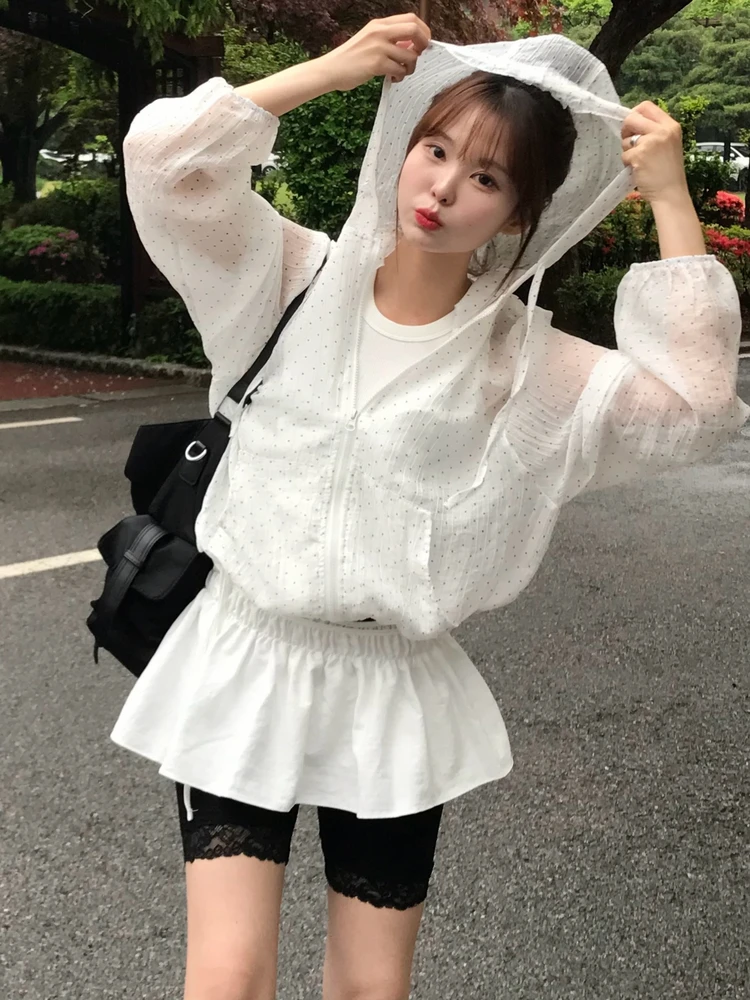 

Polka Dot UV Protection Women's Summer Thin Loose Hooded Zipper Swing Sweet Top Coat Transparent Long Sleeve Business Style