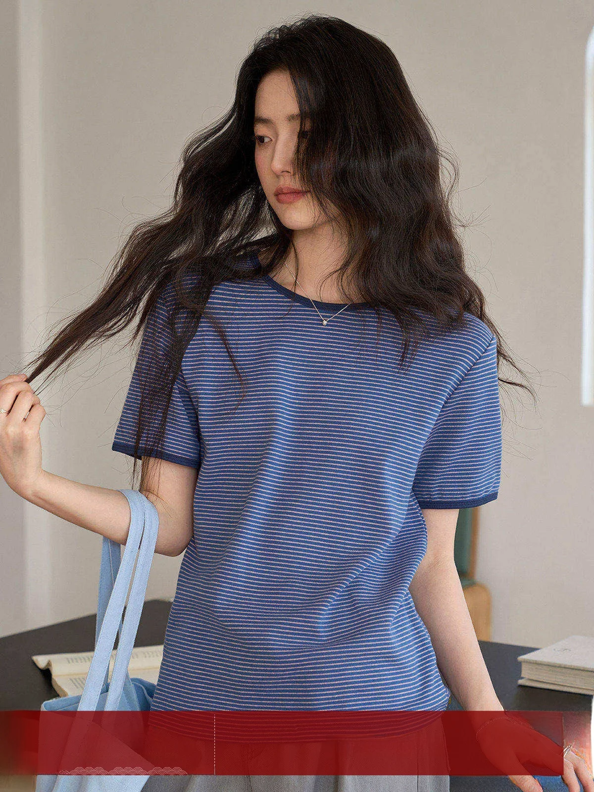 MoZao Blue Striped round Neck Short Sleeve T-Shirt Women's Summer New Style Slim Fit Small Size Color Block Top Commute Wind