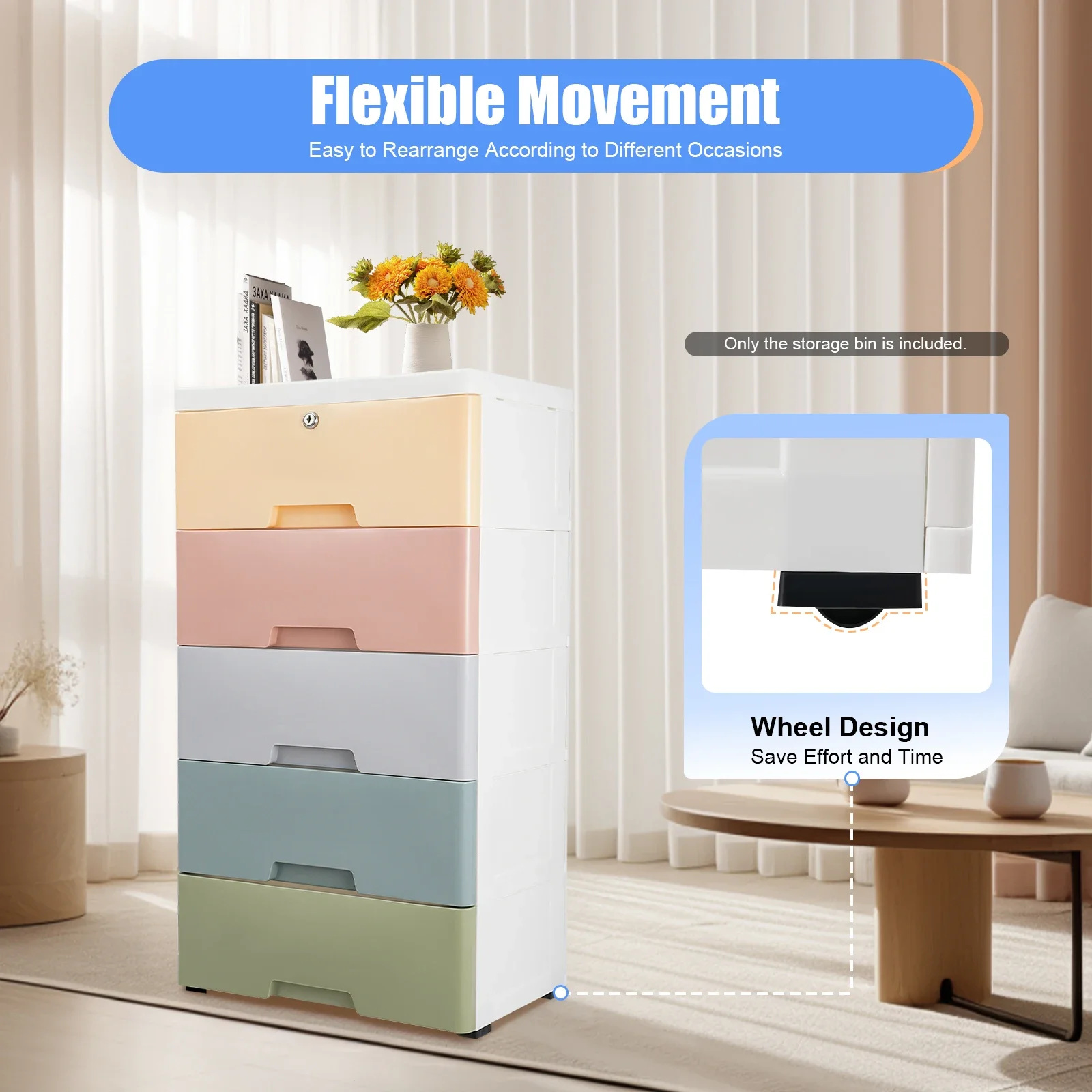 5-Drawer Drawer Tower Plastic Chest Of Drawers with Lock Plastic Clothes Storage Racks Bedroom Storage
