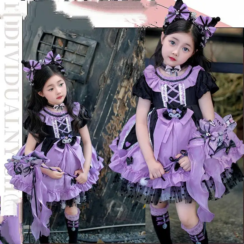 

Платье Sanrios Kuromi, летнее детское платье Лолиты для девочек, новый стиль, фиолетовое платье принцессы, детская популярная пышная модная юбка-фонарь, праздничный подарок