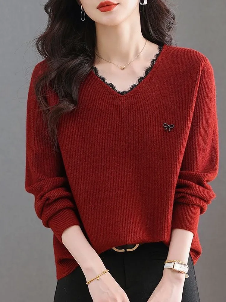 

Lace Trim V-Neck Knitted Wool Sweater Women's Loose Fit Spring Autumn New Style Large Size Fashionable Mommy Knitted Base Top