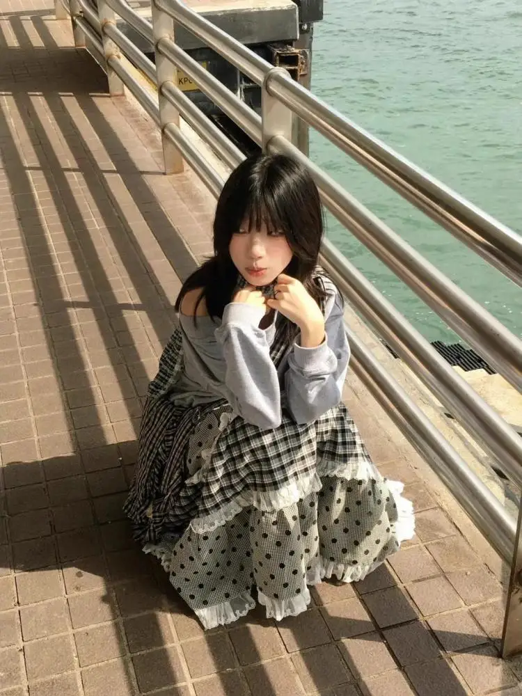 Tawaaiw Preppy Style Dot A-line Skirt High Waist Long Skirts For Women Patchwork Summer Bottom Y2k Plaid Chic Vintage Casual #3