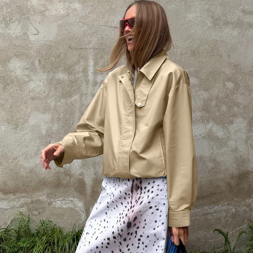 Khaki Elegant Fashion Woven Inelastic Coat Soild Wide-Waisted Short Top Lapel Collar Zipper Snap Button Loose Long Sleeve Jacket