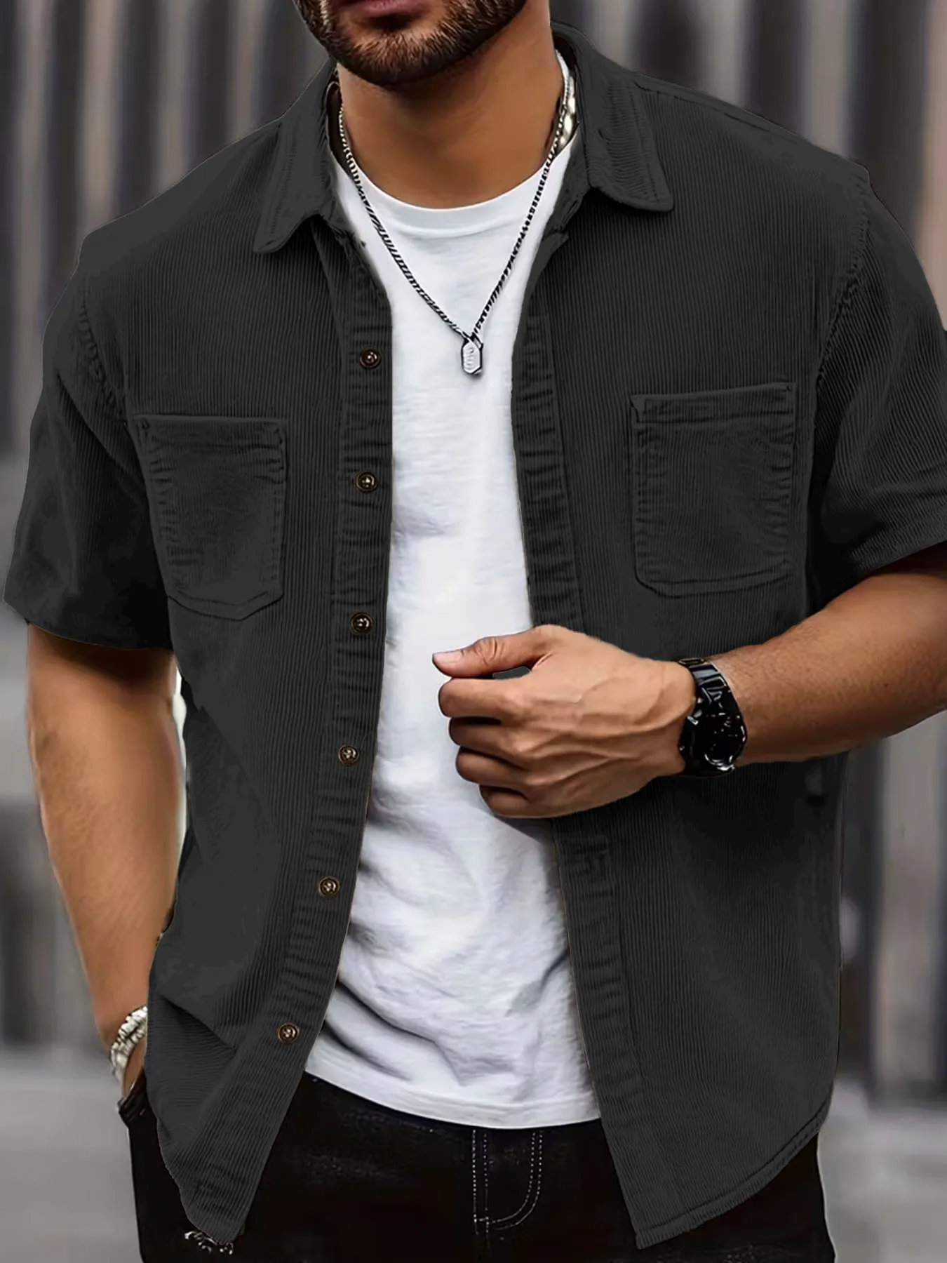 

Minimalist Men's Textured Corduroy Shirt, Short Sleeve Button Up with Patch Pockets, Modern Everyday Essential
