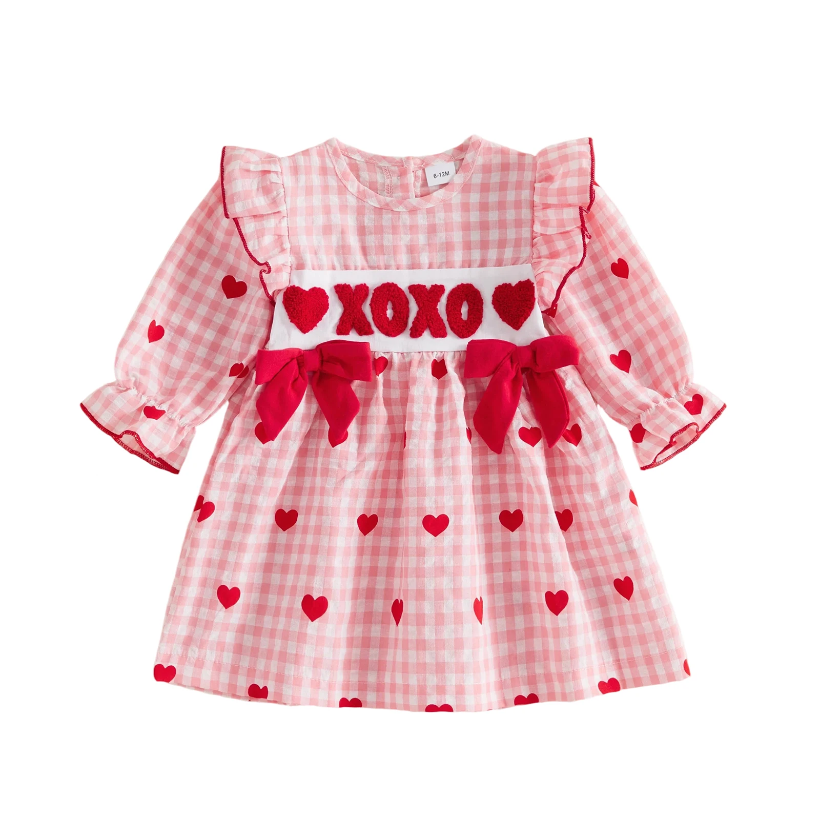 Girl Valentines Day Dress Letter Embroidery Plaid Long Sleeves A Line Dress