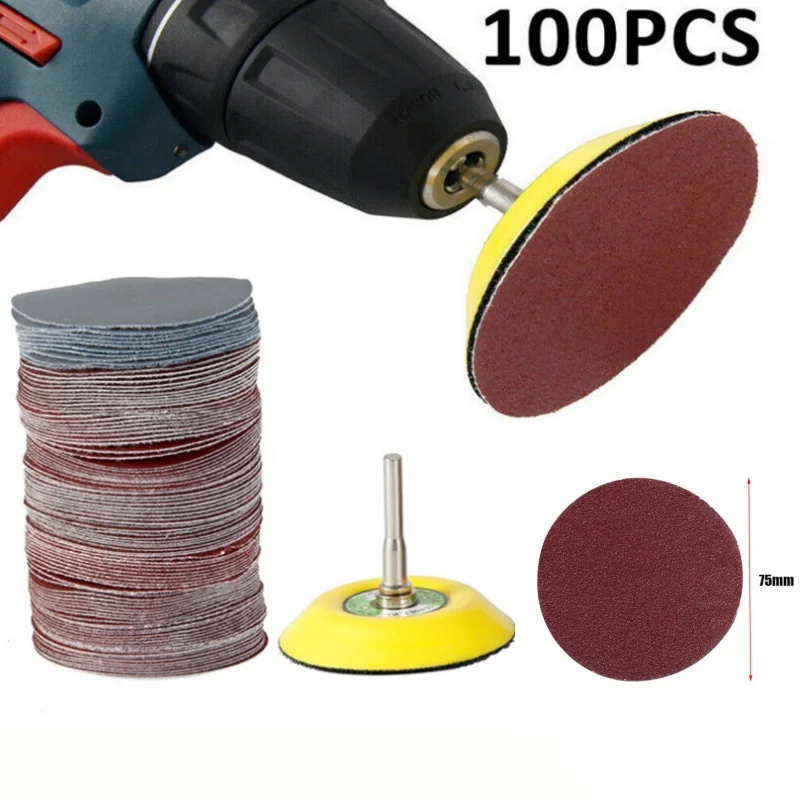 

3Inch 75mm Sanding Discs 100pc With Backing Pad Round Sandpaper Sheet Replacement Electric Drill Rotary Grinder Polishing Tools