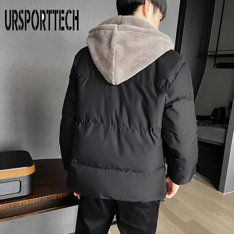 Giacca invernale da uomo parka in cotone oversize 2024 inverno nuova giacca da pane con cappuccio in due pezzi finta giacca invernale calda in pile per uomo