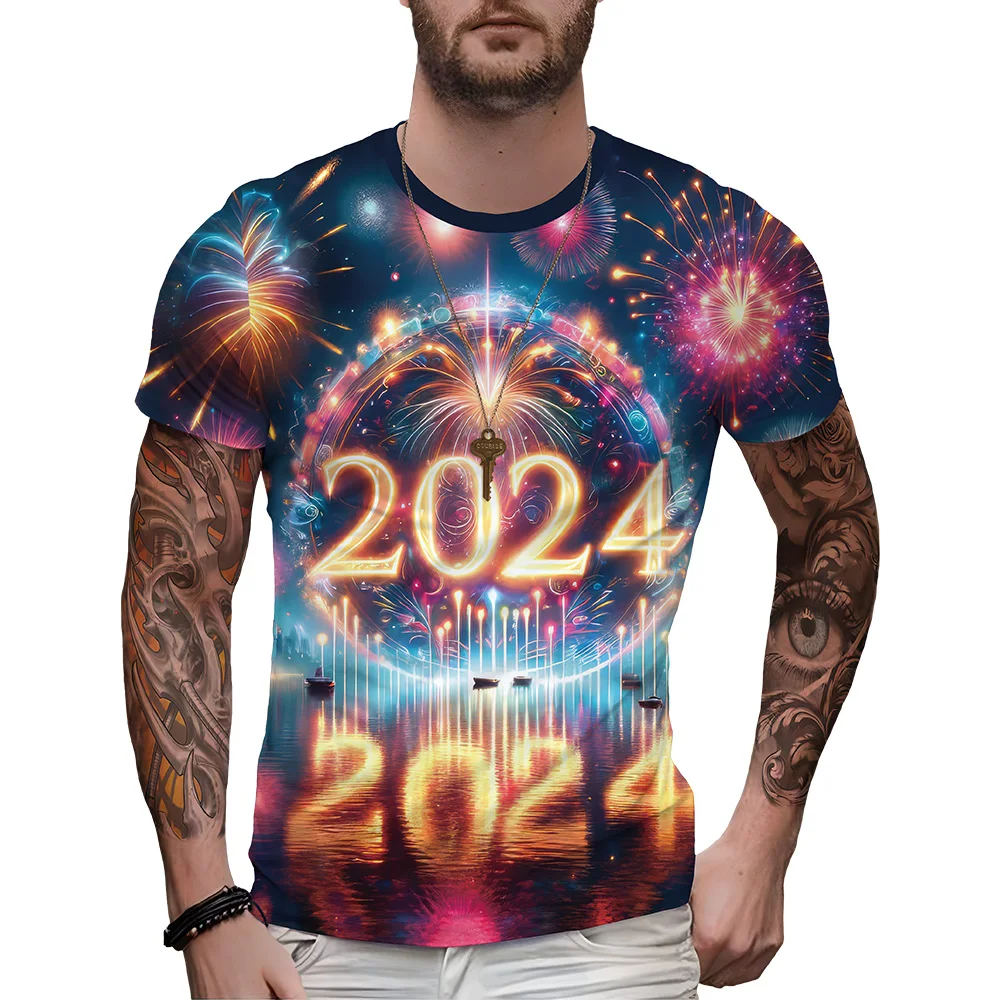 Happy New Year Unisex Top Men's 2024 T shirt Colorful Firework 3D Full Body Digital Printed Round Neck Short Sleeve Boy's Tee