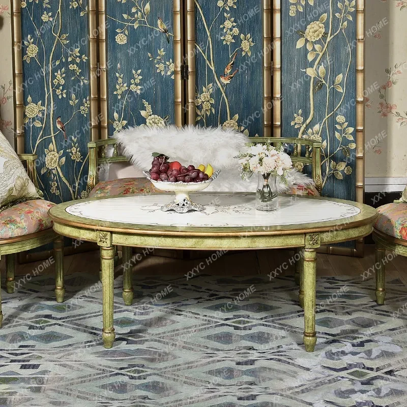 AA Country coffee table, solid wood living room, home oval small apartment, low tea table table, painted furniture