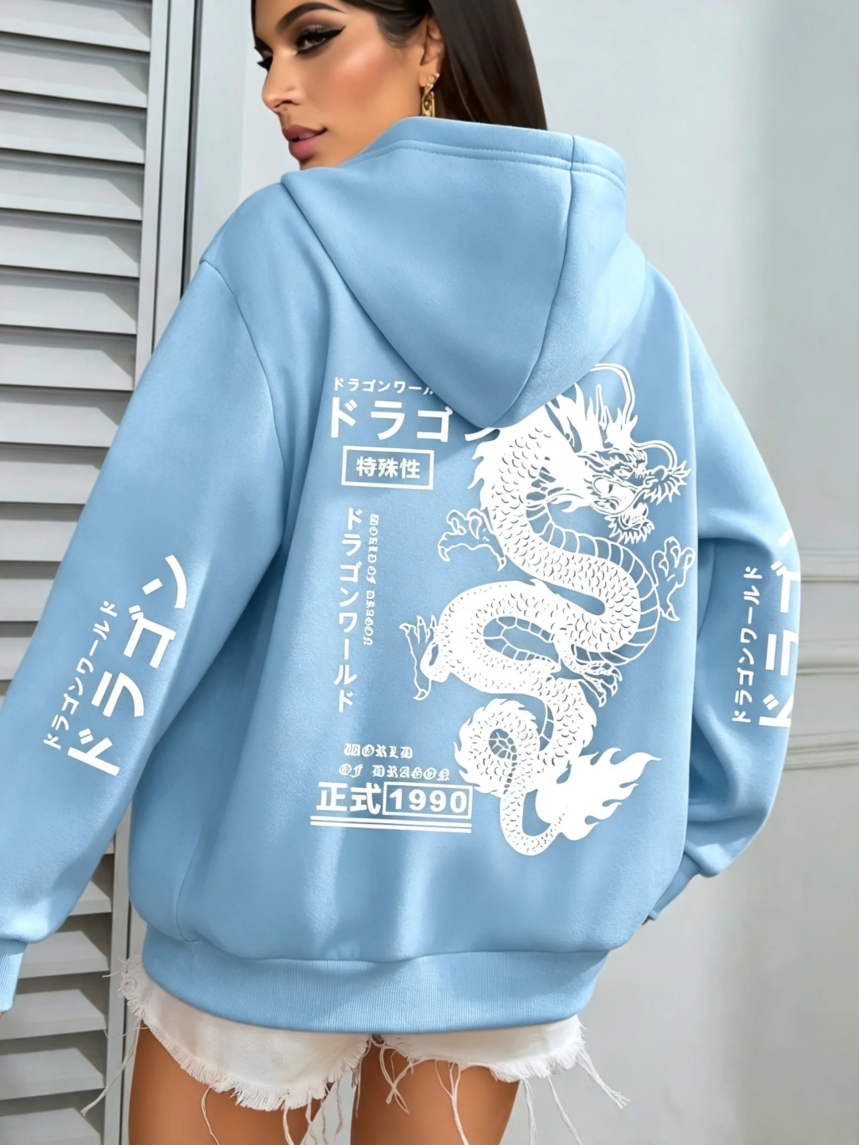 Japanischer Drachen-Grafik-Hoodie für Damen, Streetwear, Rücken- und Ärmel-Print, Kapuzenpullover, lässiger, lockerer, übergroßer Pullover-Hoodie – Detail 7