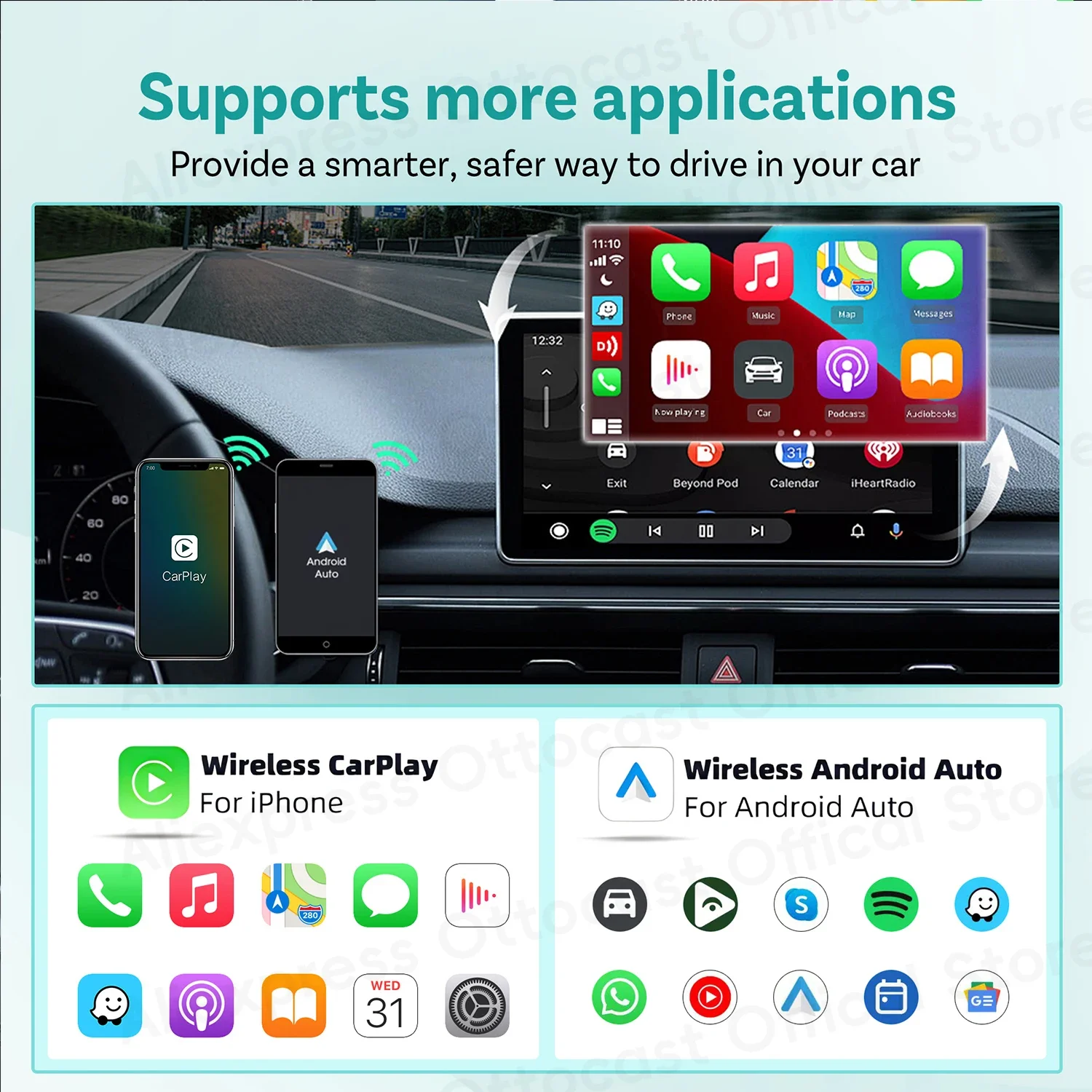 OTTOCAST MINI Slim Wireless CarPlay Android Auto محول 2 في 1 USB دونغل ملحقات السيارة لشركة فولكس فاجن تويوتا هيونداي كيا شيفروليه