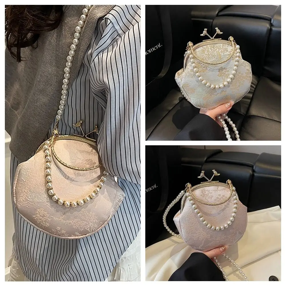 

Kiss Lock Chinese Style Handbag Pearl Elegant Embroidery Banquet Bag Cheongsam Accessories Single Shoulder Ladies Shell Bag