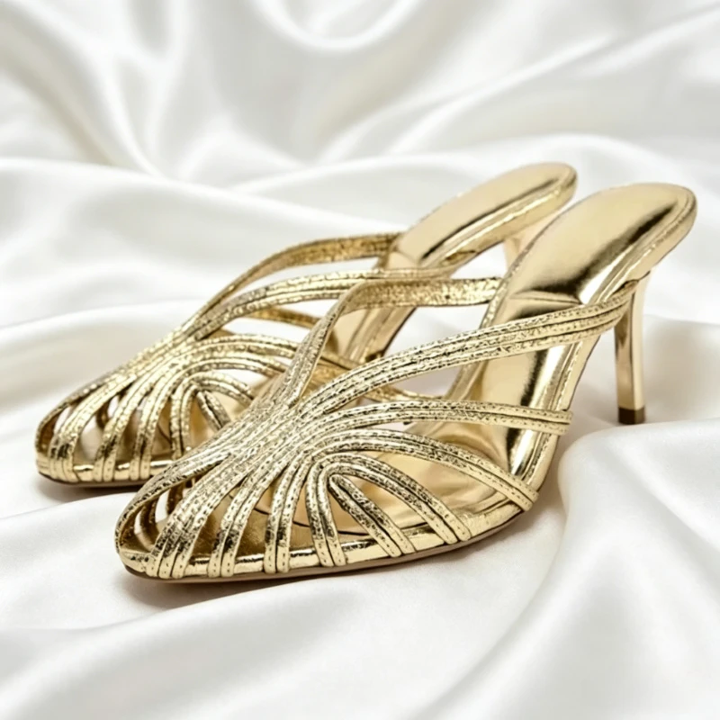 

Luxury Designer Gold Heeled Sandal Women Summer Fashion Thin Strip Hollow Stiletto Slippers Elegant Dress Shoes Mules for Ladies