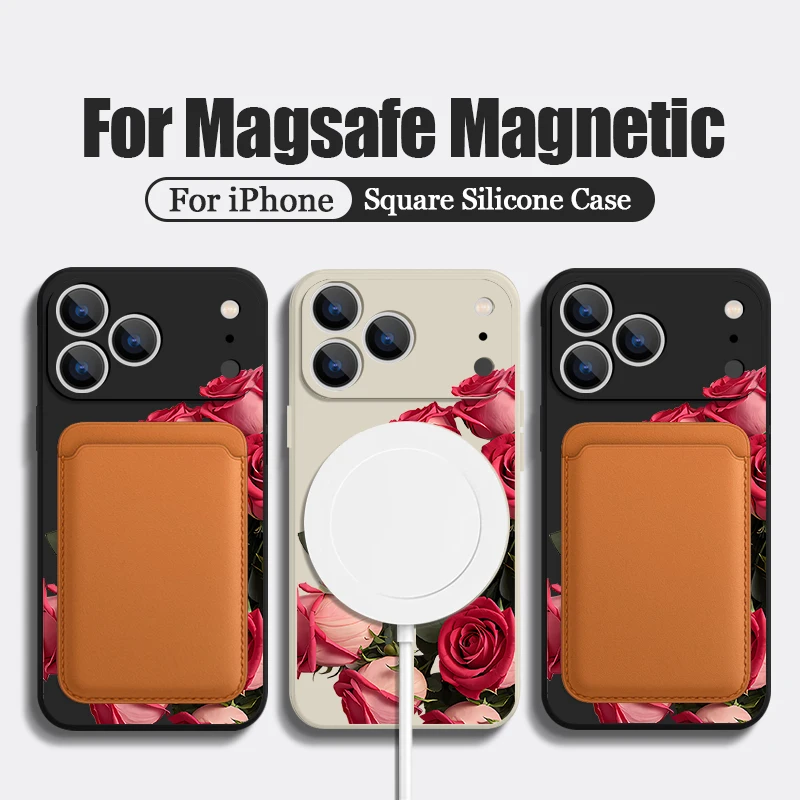 حافظة هاتف مغناطيسية من البولي يوريثان لهاتف آيفون 16E 17 Pro Max Air 16 15 14 Pro 13 12 Pro Max 11 غطاء حبل ناعم بنمط زهور الورد الأحمر #3