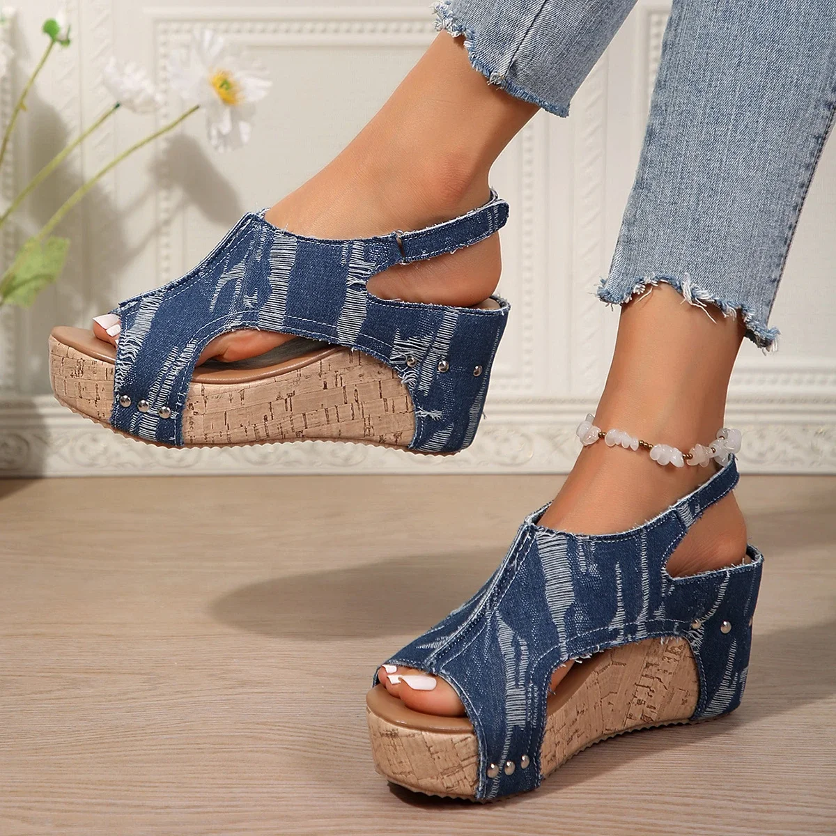 Summer Women\'s Platform Wedges Sandals Retro Peep Toe Denim Women\'s High Heel Sandals Outdoor Casual Platform Shoes for Women