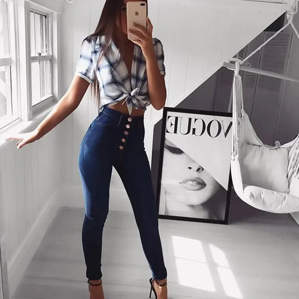 

Sheath Ankle Length Pencil Pants Women Jeans Wash Denim Skinny Hot High Waist Slim Casual Basics Solid 2024 Button Pockets