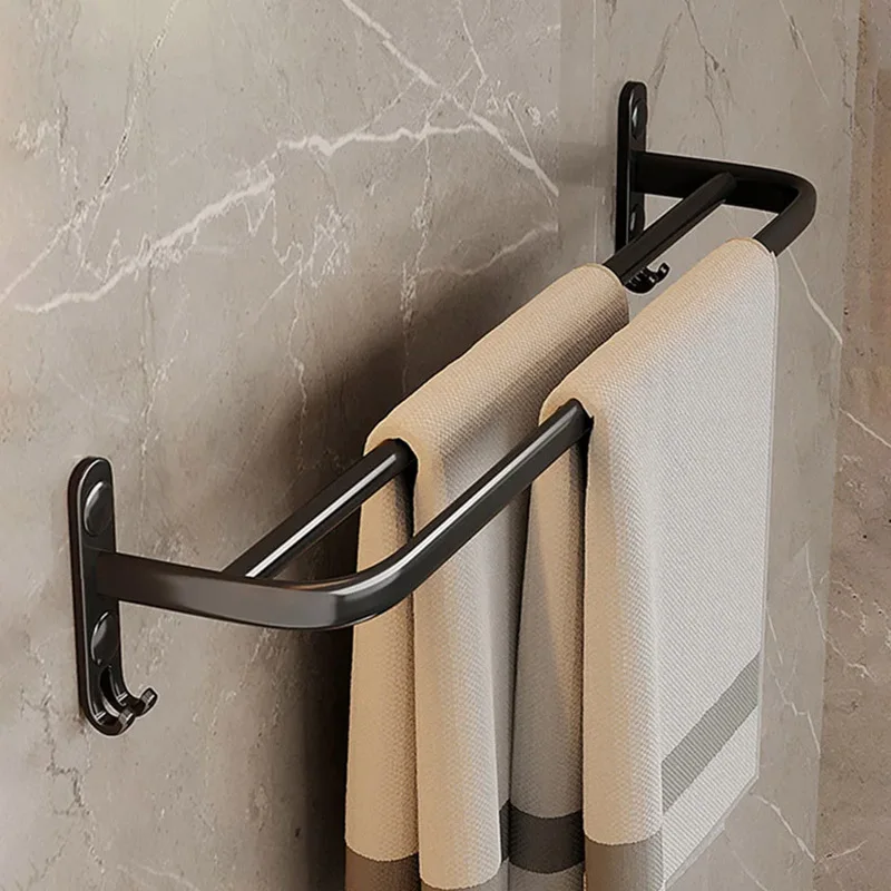 Black Towel Rack without Drilling Self-Adhesive Bathroom Towel Rail Shelf Wall Mount Aluminum Alloy Tower Bar Hanger with Hook