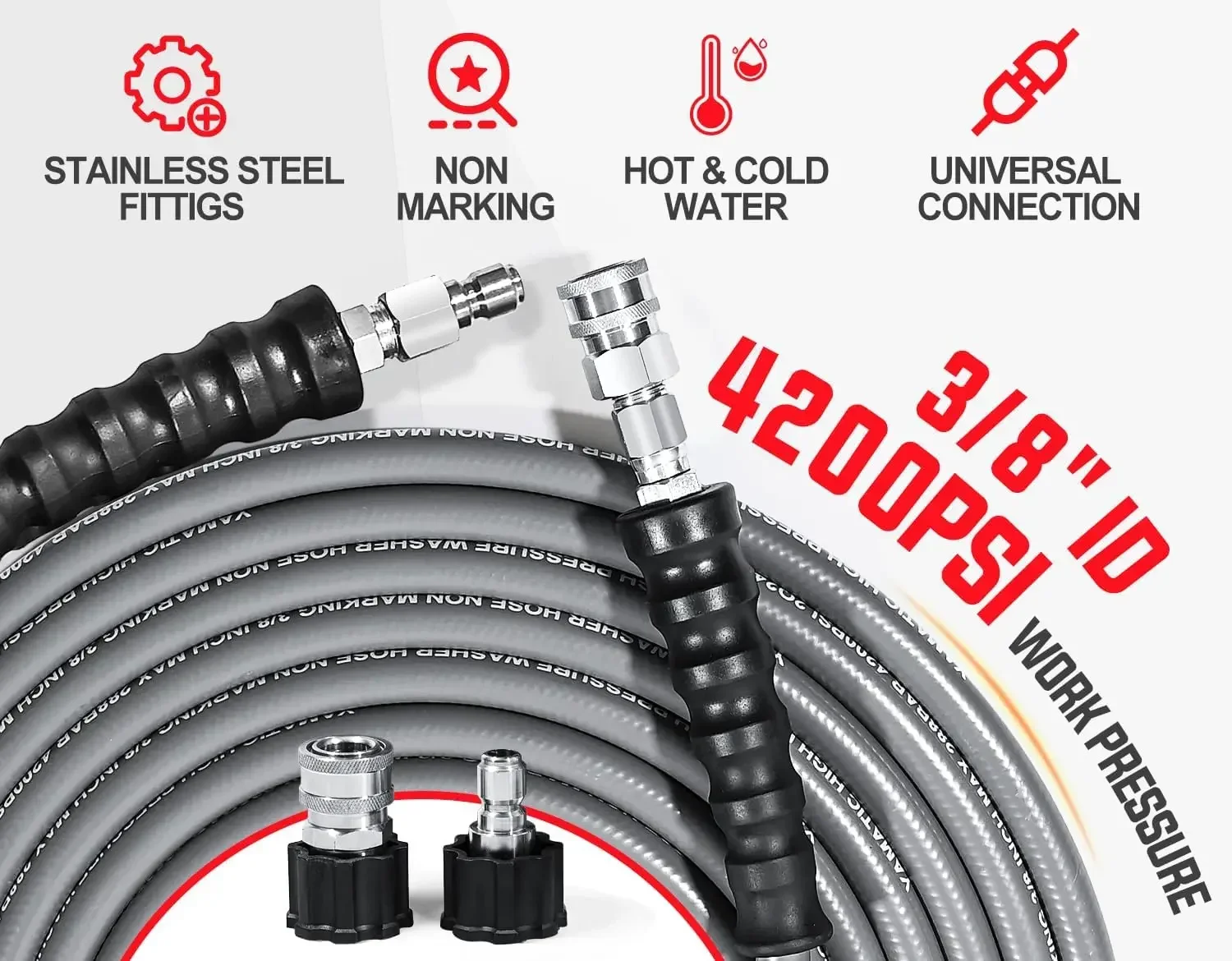 Pressure Washer Hose 100 FT with Stainless Steel Swivel 3/8