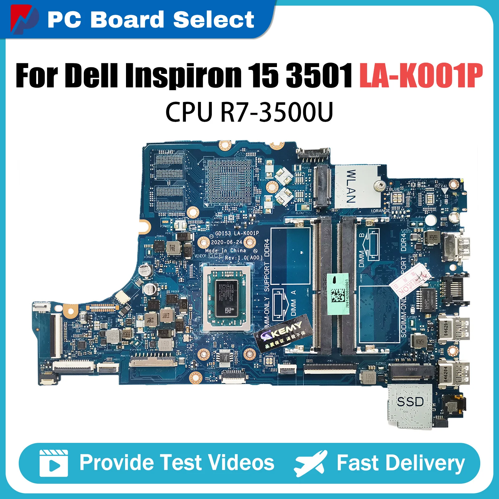 

Notebook Mainboard For Dell Inspiron 15 3501 LA-K001P CN-0GWD64 0DRFWY Laptop Motherboard CPU R7-3500U 100% Test OK