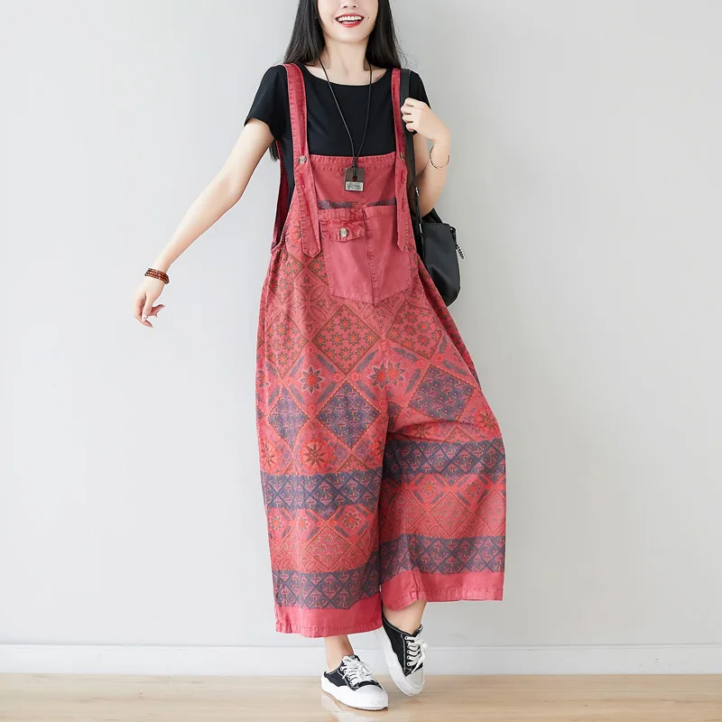 New Artistic And Ethnic Style Jumpsuit Printed Wide Leg Pants Slim Cropped Suspenders Worn Out Adjustable Women's Suspenders