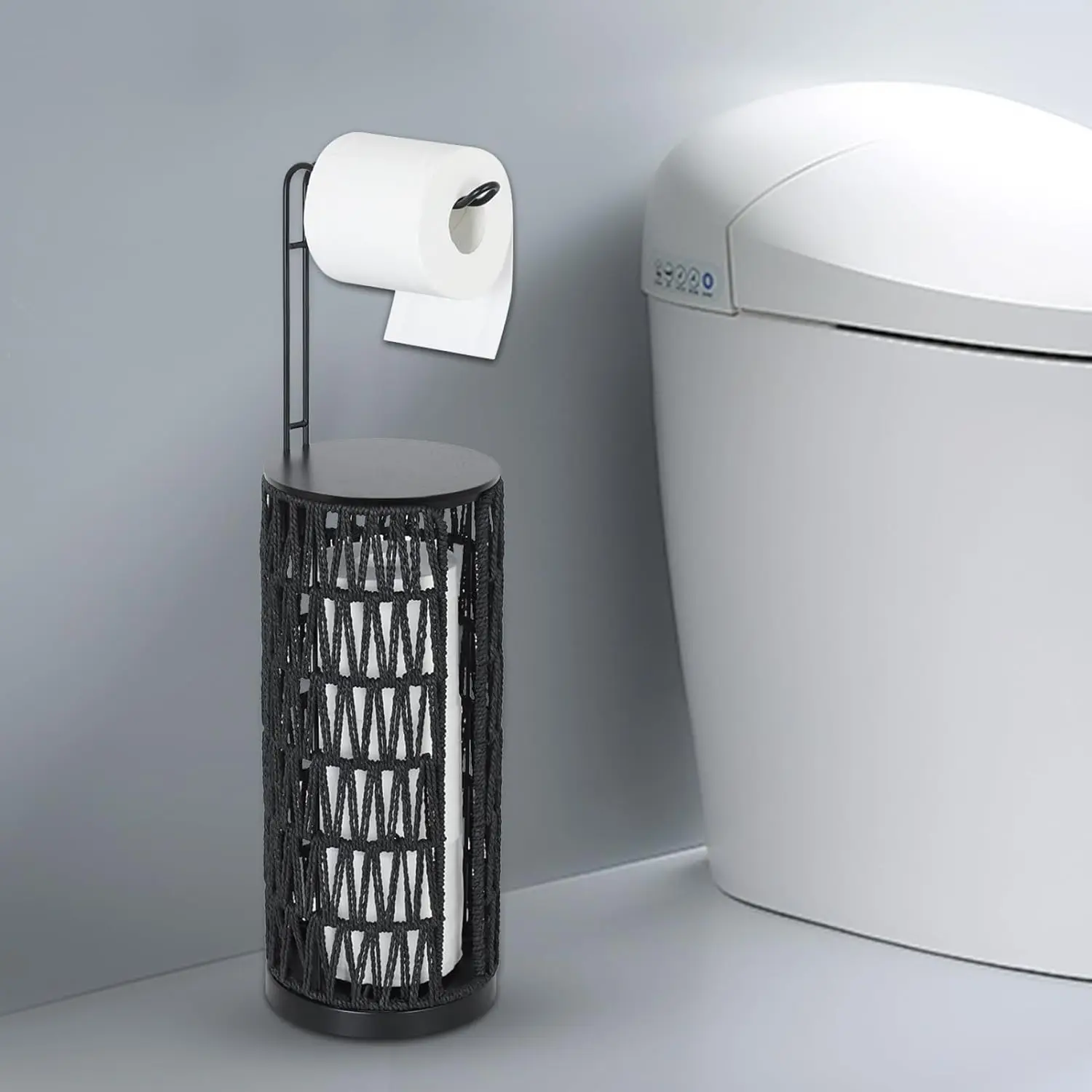 

Black Freestanding Toilet Paper Holder with Storage,3 Rolls of Tissue Holder for Bathroom,Handmade Woven Toilet Paper Roll Holde