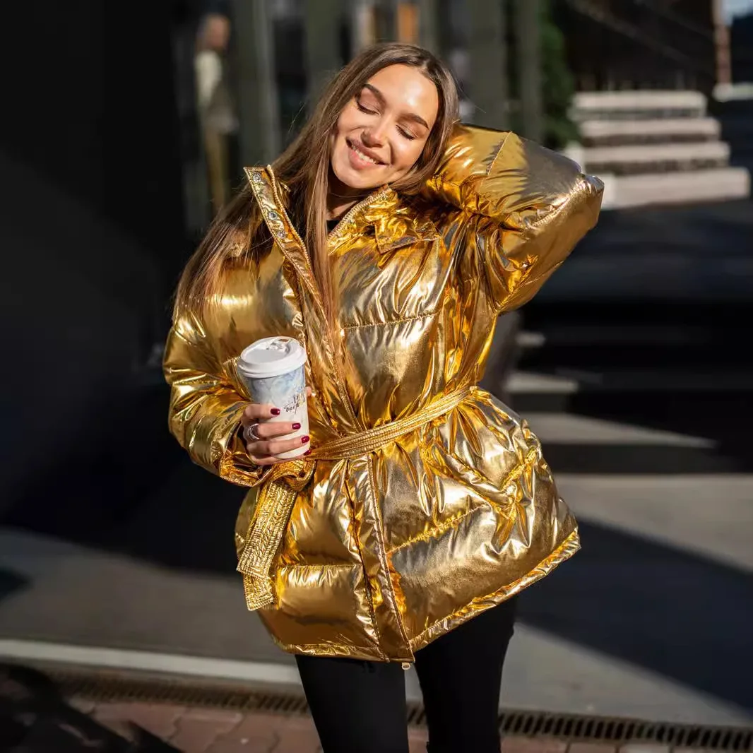 Casaco de algodão brilhante com capuz feminino, jaqueta esportiva ao ar livre, jaqueta casual, outono e inverno