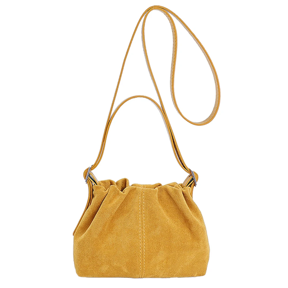 Women Faux Suede Shoulder Bag W/ Adjustable Strap Crossbody Bag Drawstring Top Handle Bag for Travel Winter Fall