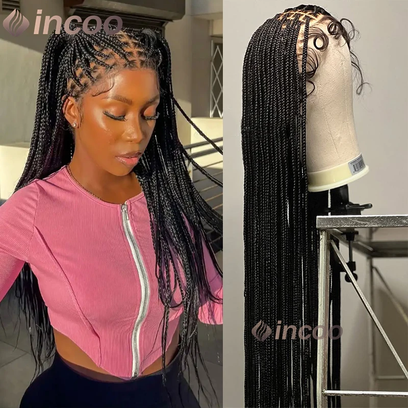36 Inch Knotless Braided Wigs Synthetic Full Lace Front Cornrow Braids Small Box Square Hair Wigs African Hair
