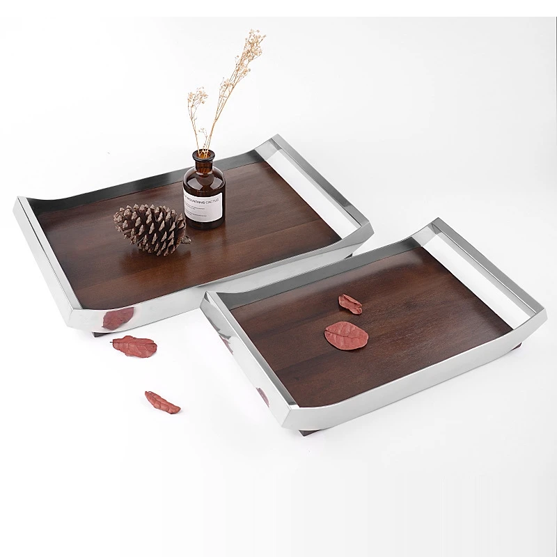 

304 stainless steel walnut wood tray rectangular storage sundries tea home decorative trays