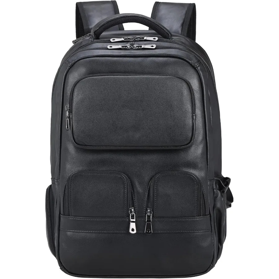 Masa Kawa حقيبة ظهر للكمبيوتر المحمول مقاس 17 بوصة من الجلد الطبيعي باللون الأسود للرجال حقيبة ظهر كبيرة للصيف والسفر حقيبة ظهر طوال الليل #1