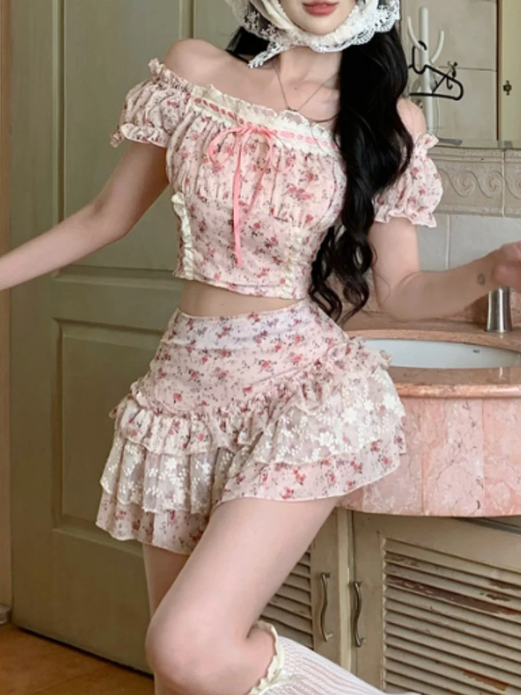 Summer Sweet Print Slim Lace 2 Piece Set Women Fashion Off Shoulder Short Sleeve Dress Female Elegant Skinny A Line Dresses New