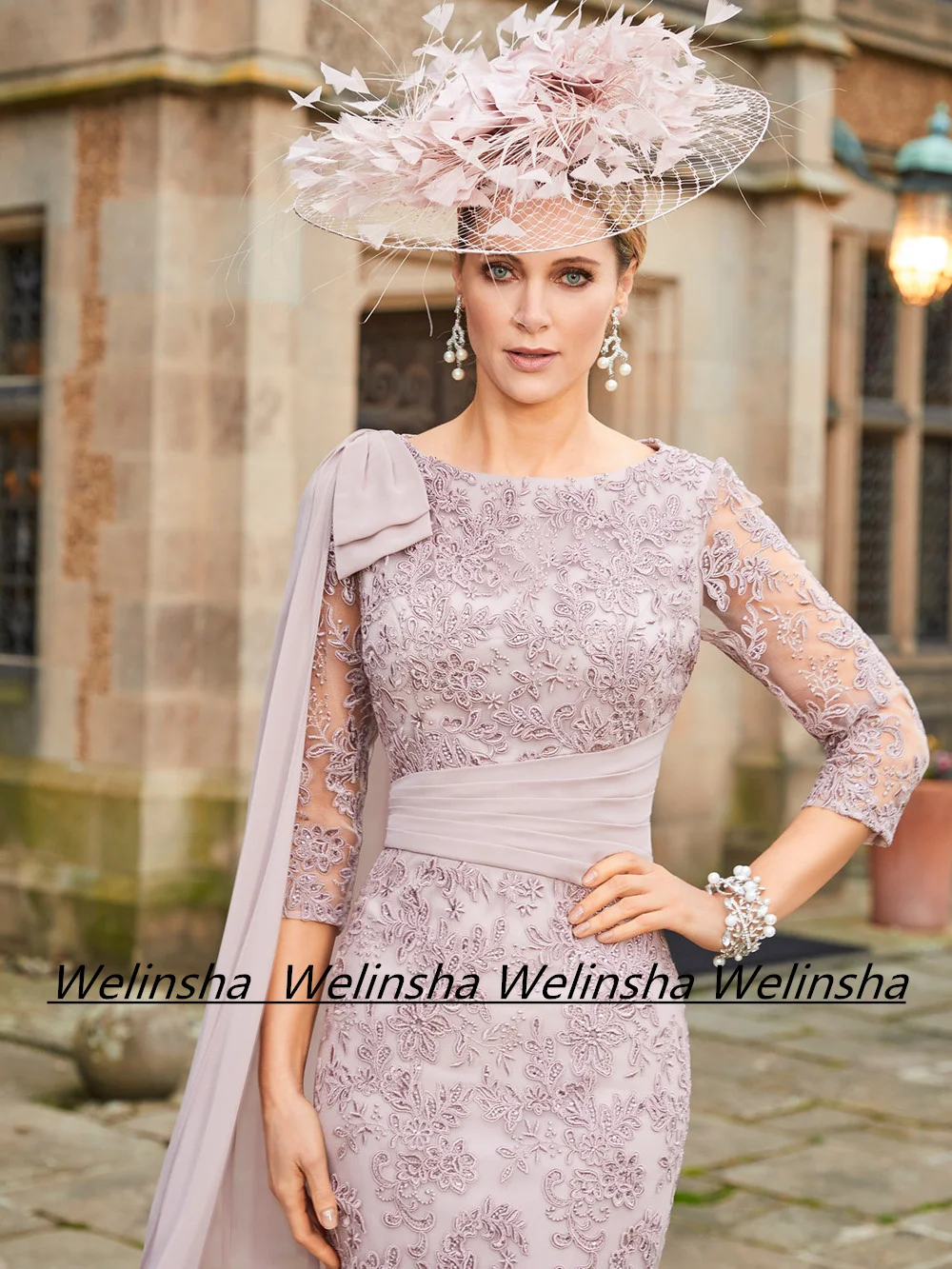 Short Lace Mother of The Bride Dress Scoop Neck 3/4 Sleeves Sequined Applique Knee Length Wedding Guest Gown Lady Party Dresses
