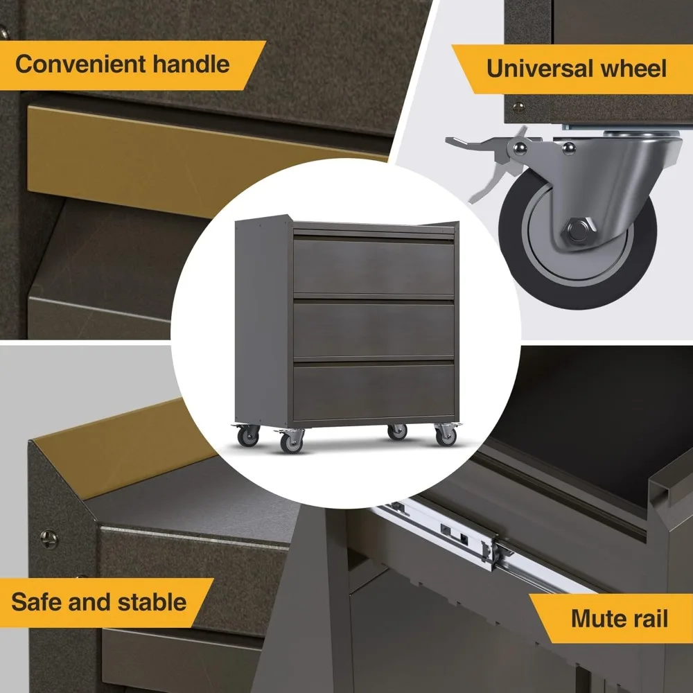 Metal Garage Storage Cabinet with Wheels, Rolling Tool Chests & Cabinets with 3 Drawers
