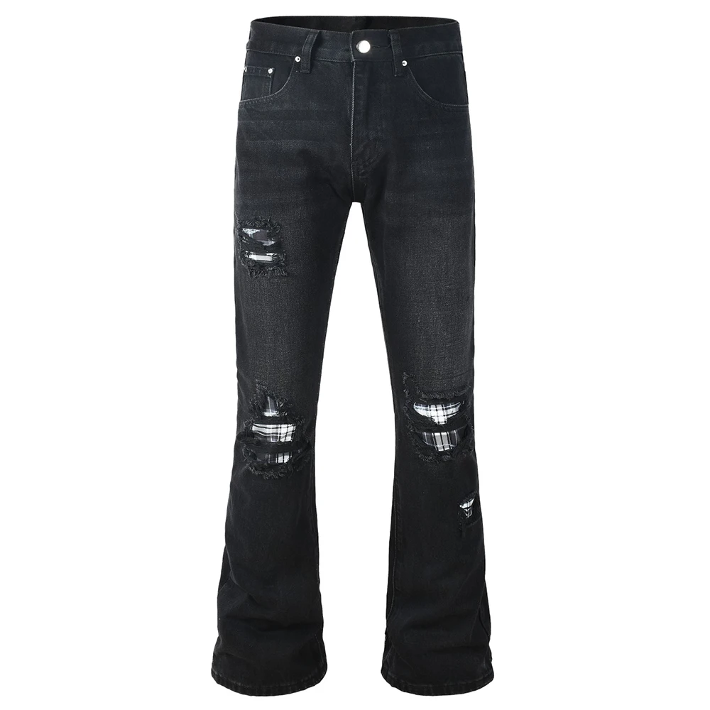 

Men's Check Print Patch Jeans Streetwear Non Stretch Denim Boot Cut Pants Casual Loose Black Ripped Patchwork Flared Trousers