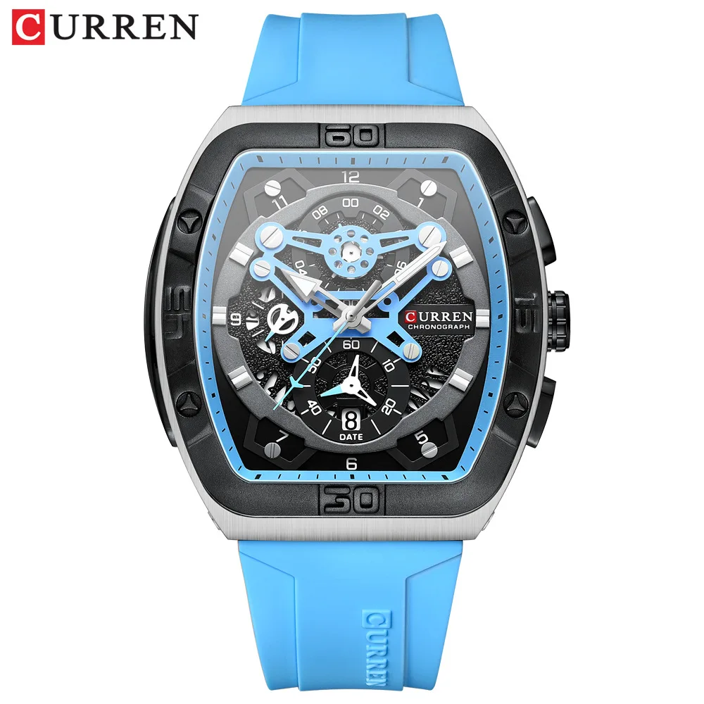 CURREN 8443 Men\'s Quartz Watch Fashion Unique Calendar Sport Clock Red Blue Silicone Strap Analog Display Watches for Male