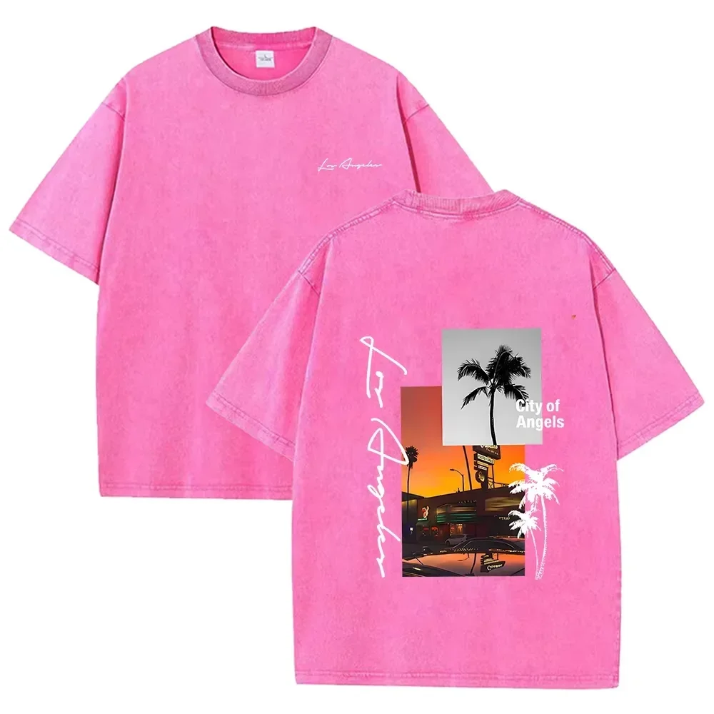 Retro Acid Wash Oversized T-Shirt mit LA City of Angels Kokosnussbaum-Szenerie Grafik auf Vorder- und Rückseite Lässige Oberteile Asiatische Größe – Detail 8