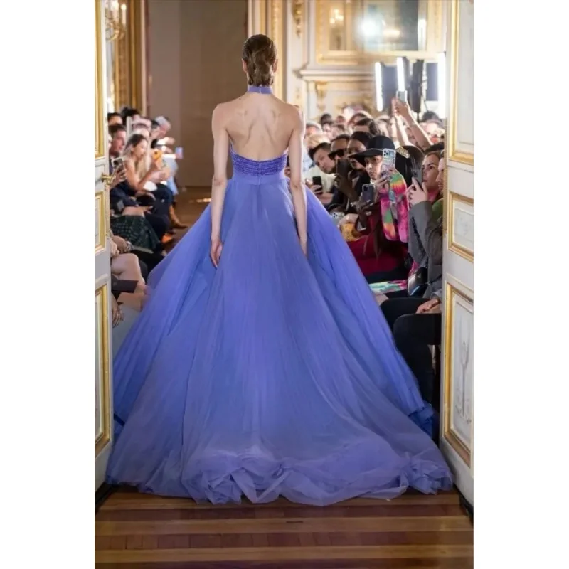 High Customized Tony Ward Women Organza Evening Dress Fluffy Skirt Sleeveless Luxury Dubai Gowns Purple Prom Dress With beading