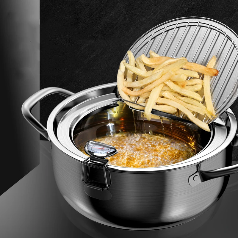 Japanese Deep Frying Pot with a Thermometer and a Lid 304 Stainless Steel Kitchen Tempura Fryer Pan 20 24 cm