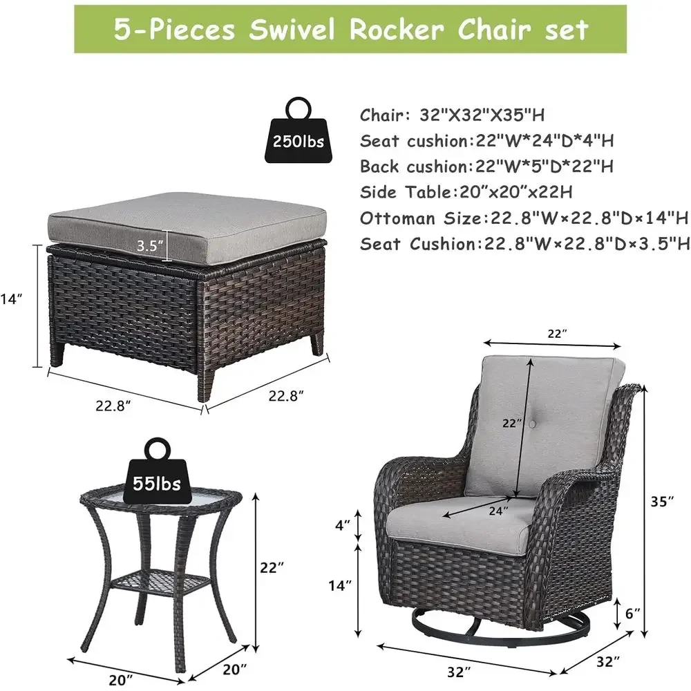 Wicker Patio urniture Set - 5 Piece Rattan Outdoor Sectional Contion Sets with 2 Swivel Rocking Chairs,2 Ottomans and 1 Side Tab