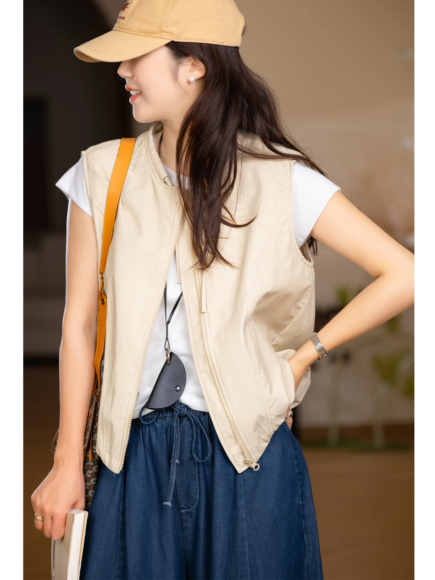 Drawstring Texture Yarn round Neck Vest Women's Layered Sense Floral Embellished Hem Customized Vest Spring Season Outerwear