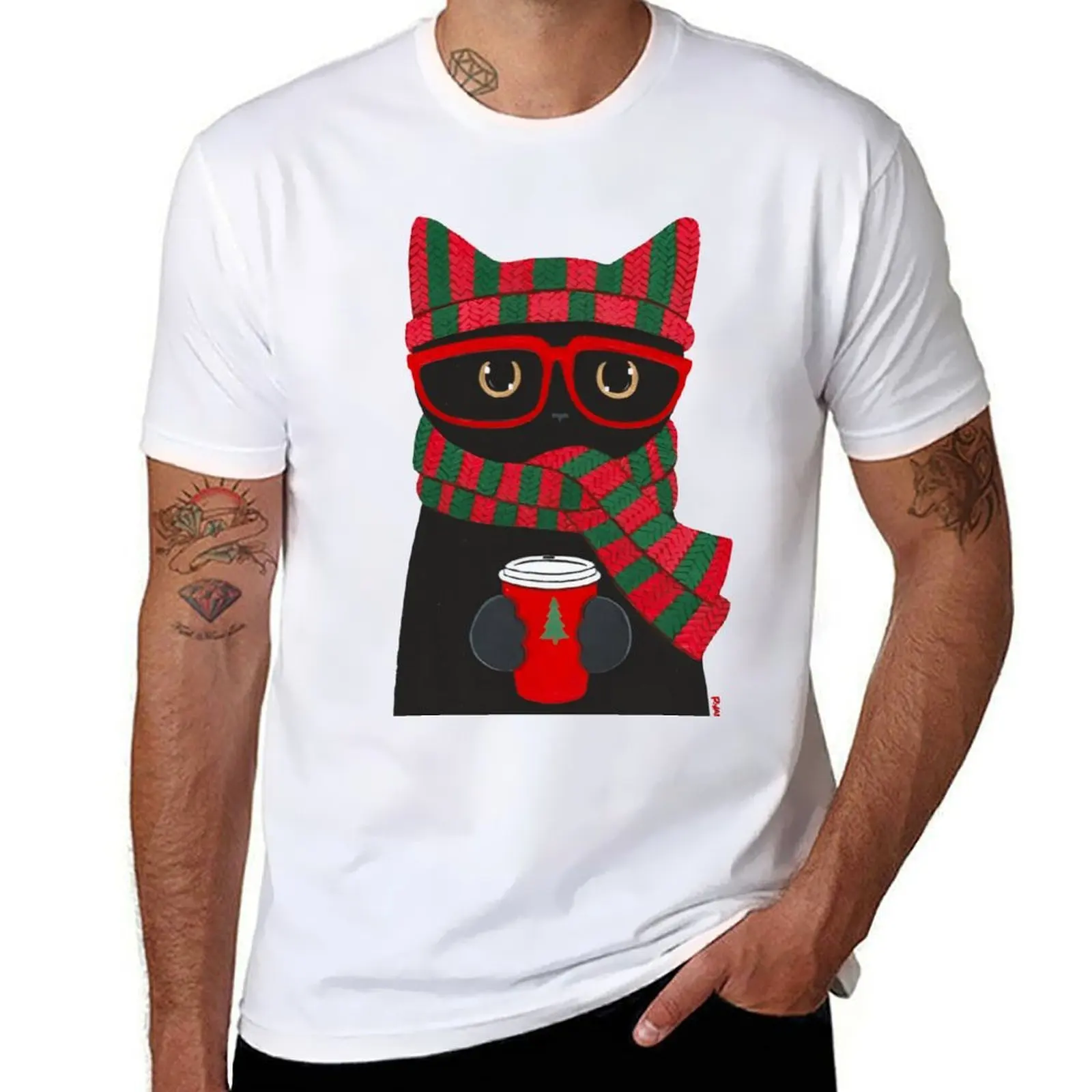 

Winter Black Cat With Coffee T-Shirt t shirts for man cotton funny printed t shirts for man T-Shirt
