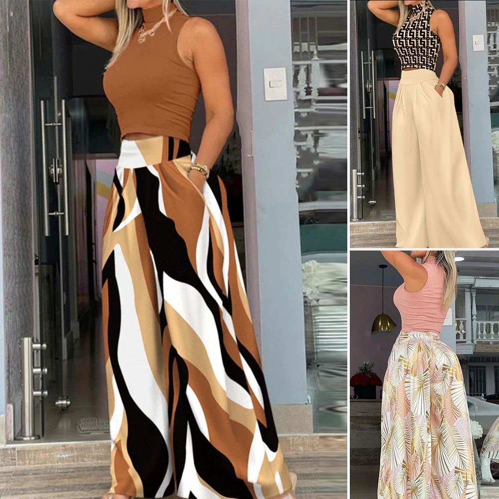 

Mia Muse Boutique Лоскутные комплекты без рукавов с высоким воротом, укороченные комплекты с широкими штанинами и натуральной талией, женские комплекты, летние повседневные на каждый день