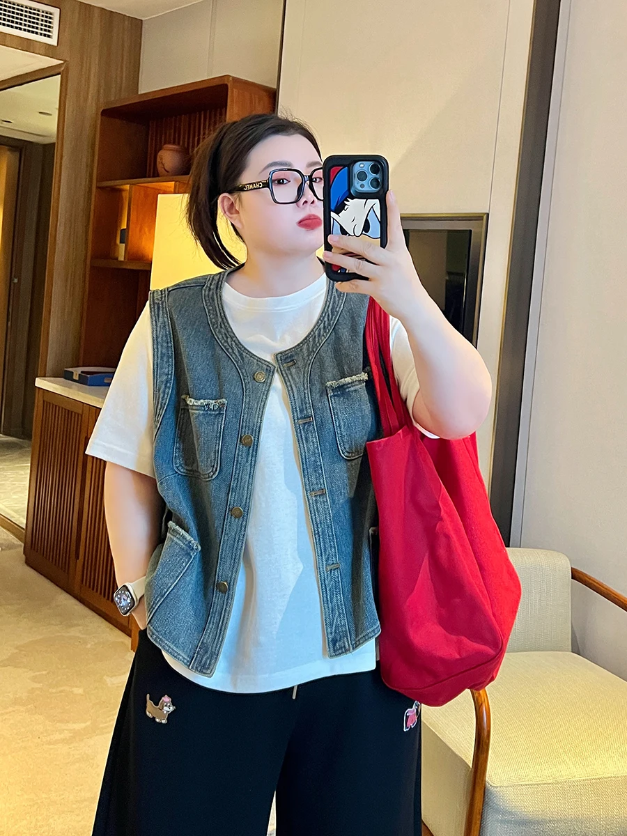 

Женский винтажный круглый джинсовый жилет больших размеров, весна-лето, модный универсальный тяжелый жилет Du MM, повседневный хлопковый жилет с высокой талией Po...