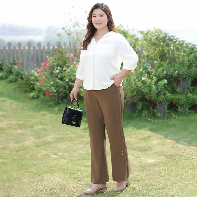 ファッションフレアパンツガール夏ストレッチ女性オフィスレディプラスサイズ 5XL 7XL ハイウエスト女性ベルボトム弾性パンツ