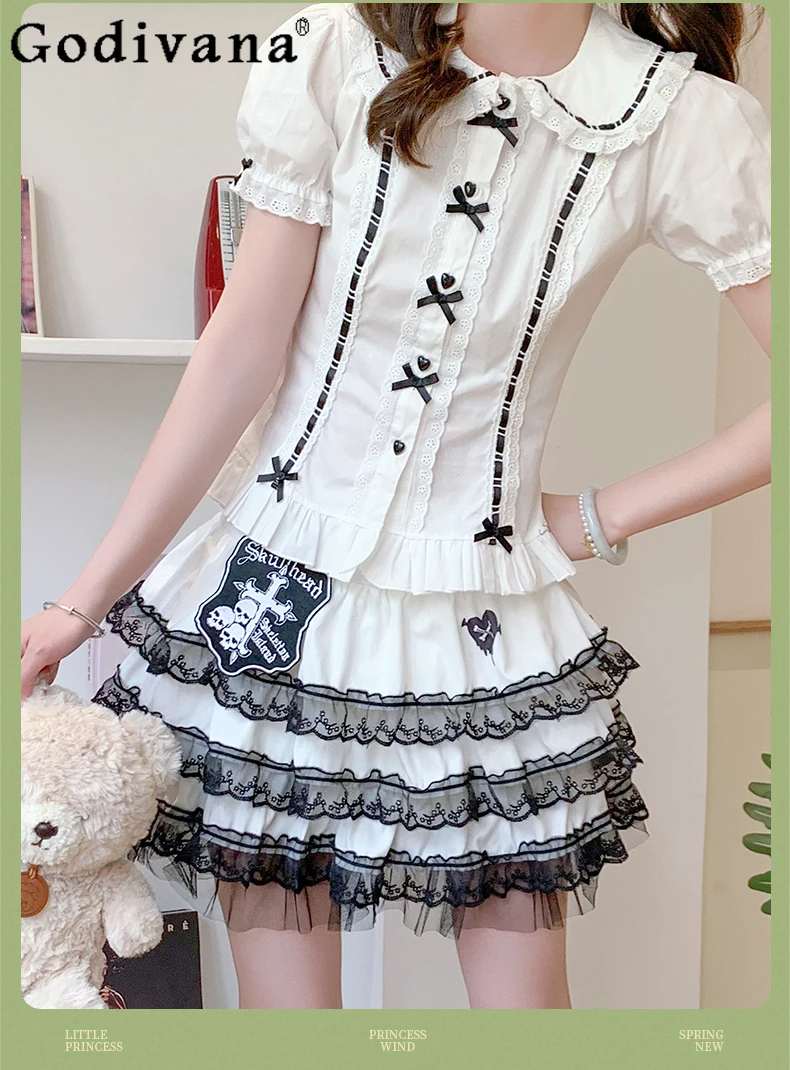 

Japanese Original Soft Girl Lolita Doll Collar Dress Short-sleeved Shirt 2025 Summer Bubble Sleeves Sweet Cute Top Women