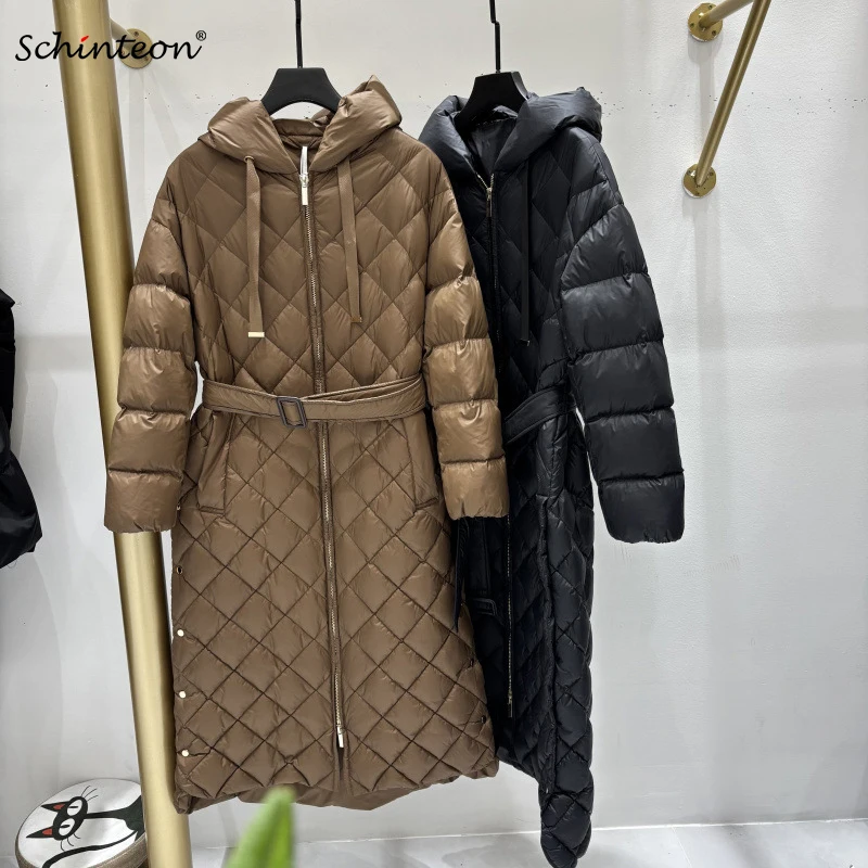 Schinteon женский белый утиный пуховик с капюшоном, повседневная свободная теплая осенне-зимняя верхняя одежда высокого качества, новое пальто 2025, пальто