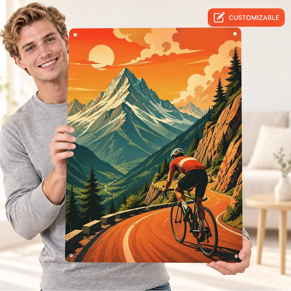 Cyclist Riding Through Mountain Pass Aluminum Poster Customized Metal Sign Graphic Design Wall Art For Study Housewarming Gift