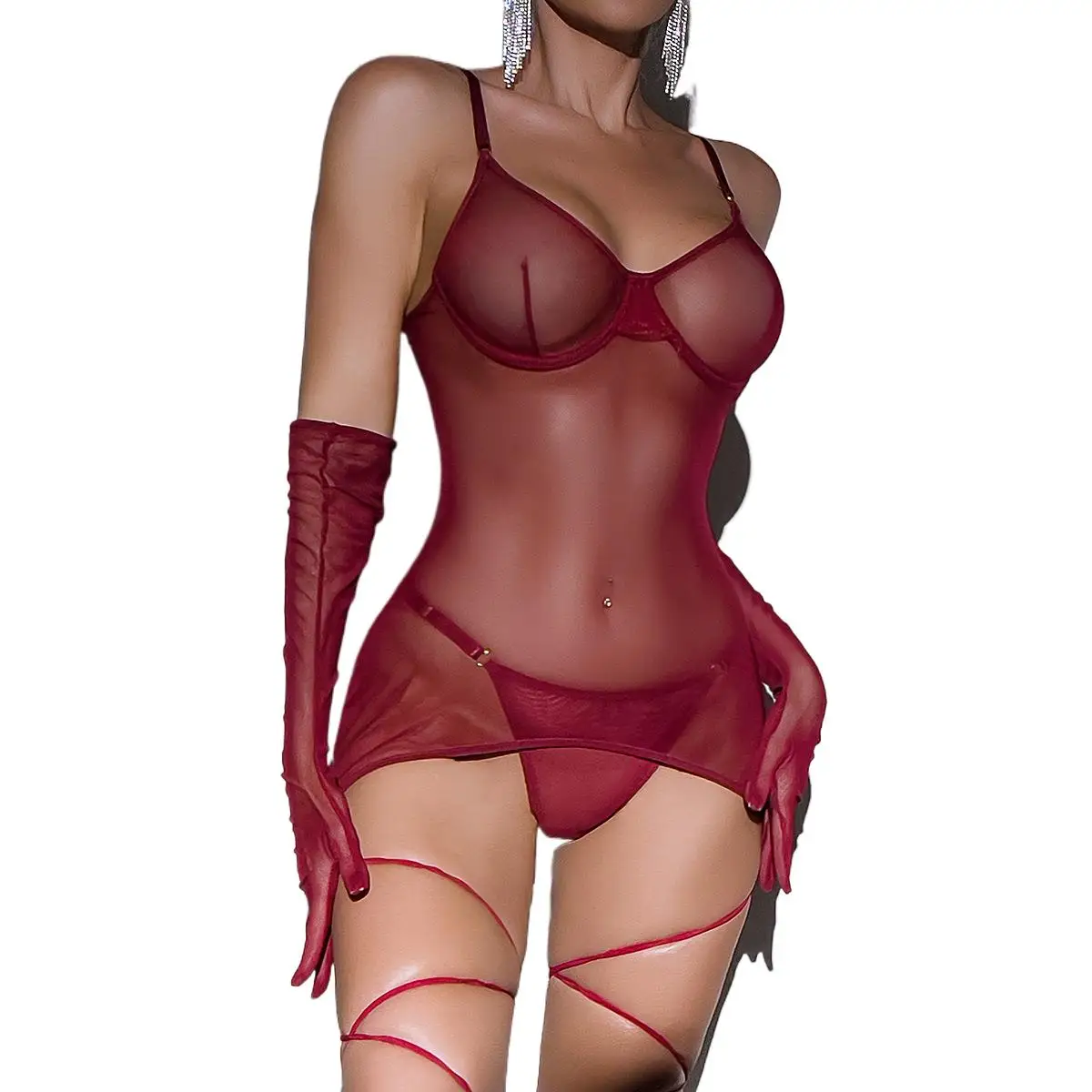 

Прозрачное боди, перчатки, бретели для ног, сексуальное женское белье с открытой спиной, комплект из трех предметов, прозрачный сетчатый боди, длинные перчатки, эротические костюмы